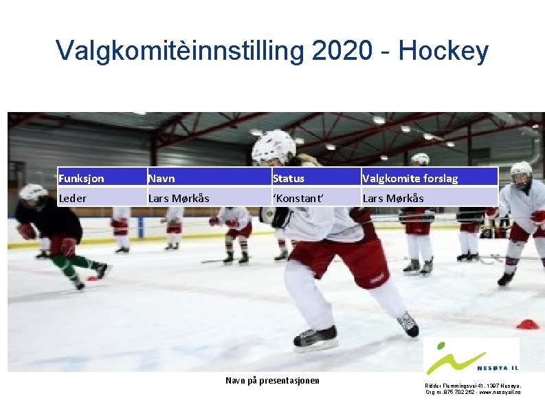 Valgkomitèinnstilling 2020 - Hockey Funksjon Navn Status Valgkomite forslag Leder Lars Mørkås ‘Konstant’ Lars