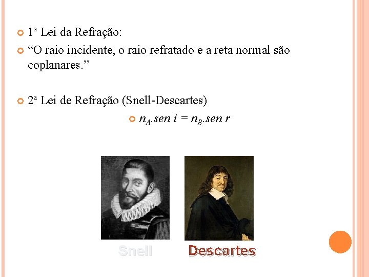 1ª Lei da Refração: “O raio incidente, o raio refratado e a reta normal