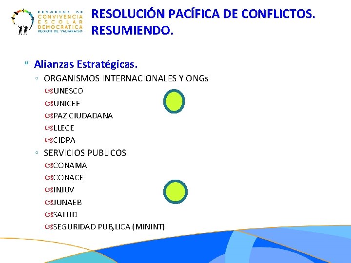 RESOLUCIÓN PACÍFICA DE CONFLICTOS. RESUMIENDO. Alianzas Estratégicas. ◦ ORGANISMOS INTERNACIONALES Y ONGs UNESCO UNICEF