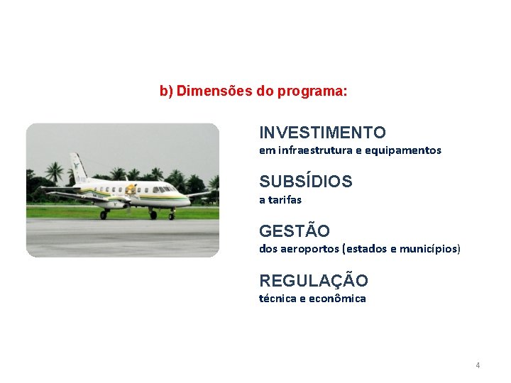 b) Dimensões do programa: INVESTIMENTO em infraestrutura e equipamentos SUBSÍDIOS a tarifas GESTÃO dos