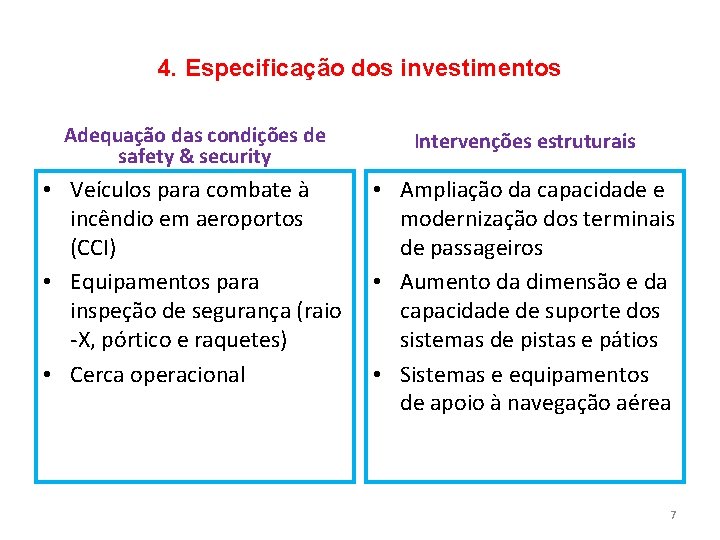 4. Especificação dos investimentos Adequação das condições de safety & security Intervenções estruturais •