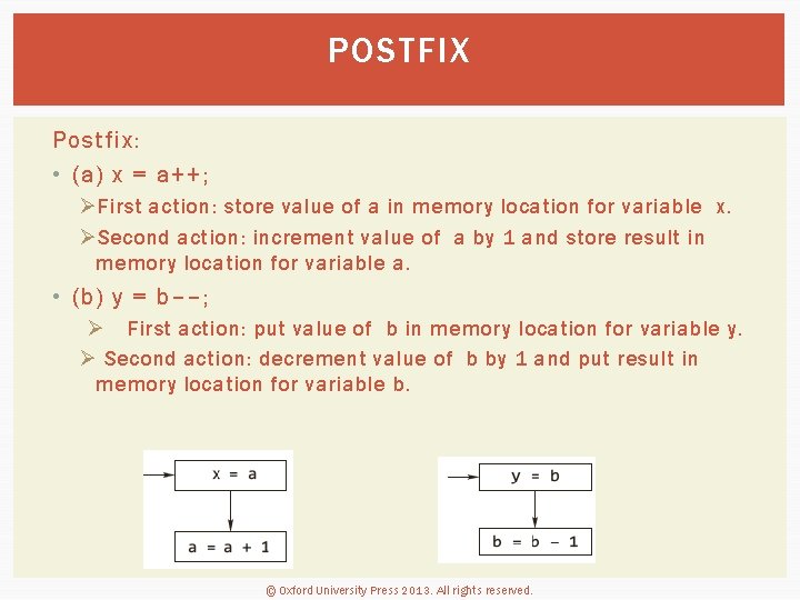 POSTFIX Postfix: • (a) x = a++; Ø First action: store value of a