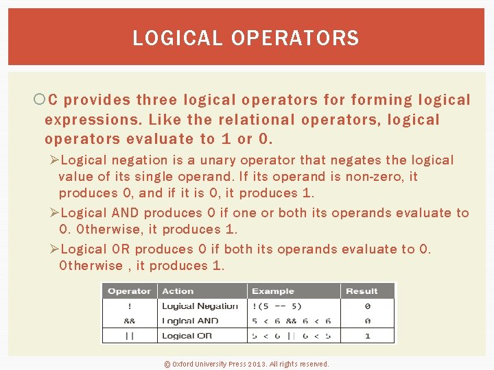 LOGICAL OPERATORS C provides three logical operators forming logical expressions. Like the relational operators,