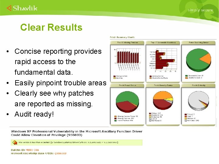 Clear Results • Concise reporting provides rapid access to the fundamental data. • Easily