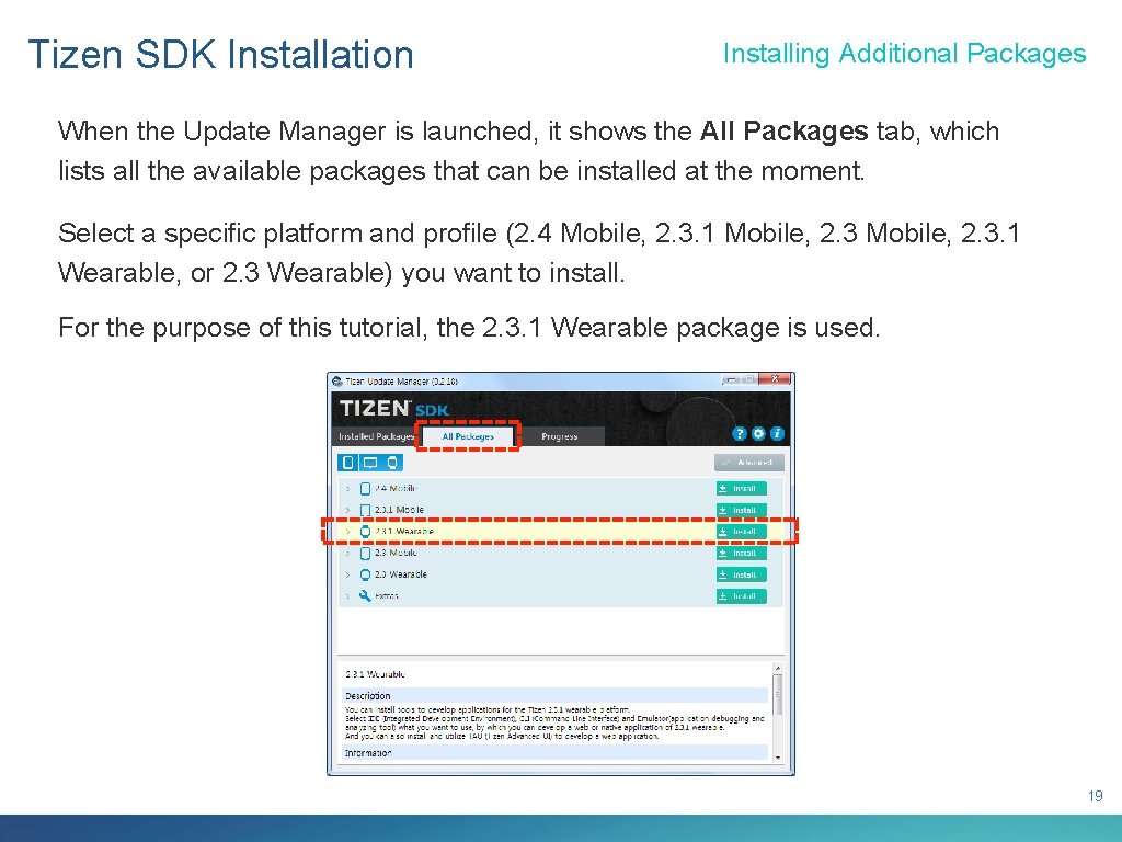 Tizen SDK Installation Installing Additional Packages When the Update Manager is launched, it shows