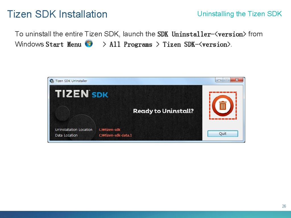 Tizen SDK Installation Uninstalling the Tizen SDK To uninstall the entire Tizen SDK, launch