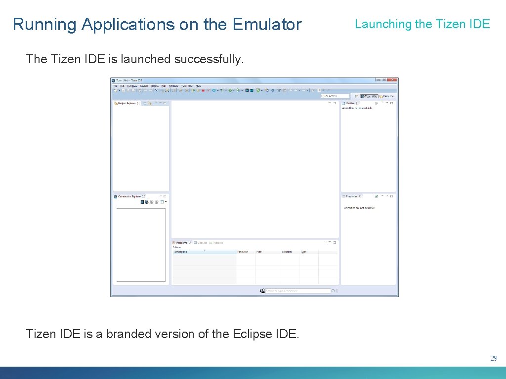 Running Applications on the Emulator Launching the Tizen IDE The Tizen IDE is launched