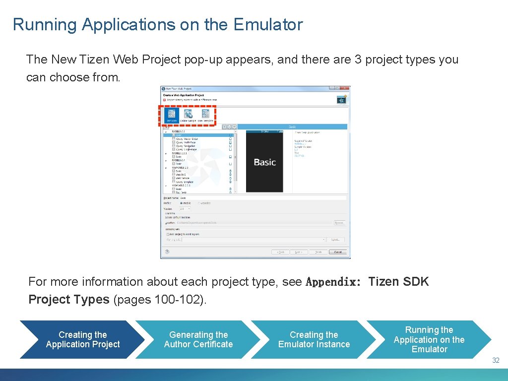 Running Applications on the Emulator The New Tizen Web Project pop-up appears, and there