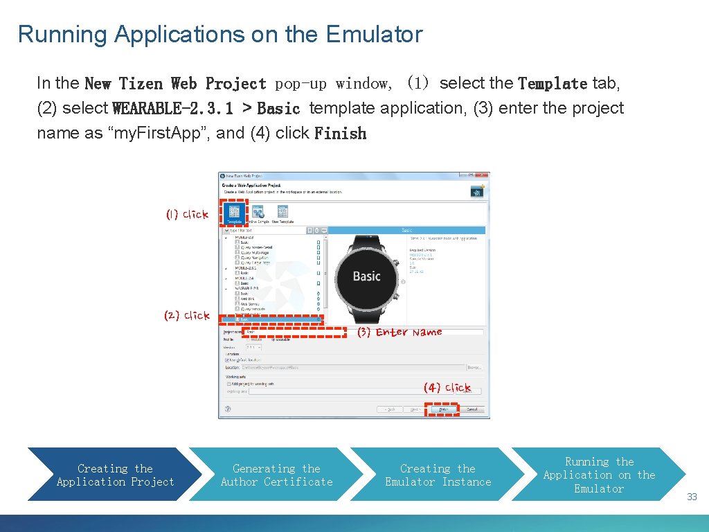 Running Applications on the Emulator In the New Tizen Web Project pop-up window, (1)