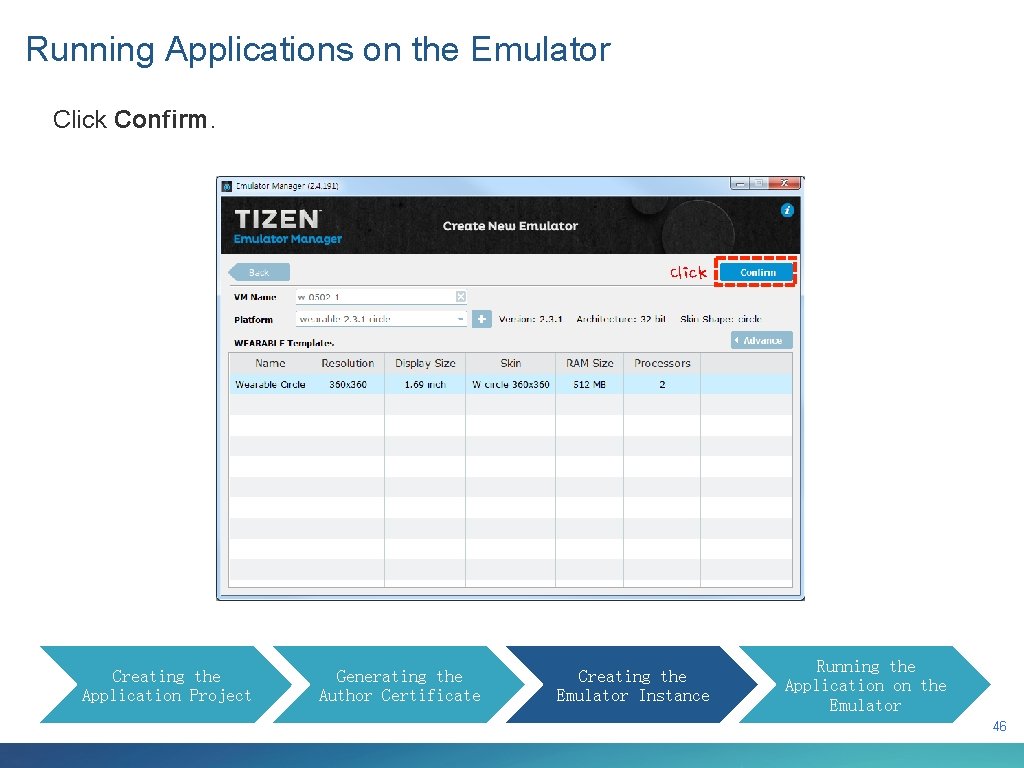 Running Applications on the Emulator Click Confirm. Click Creating the Application Project Generating the