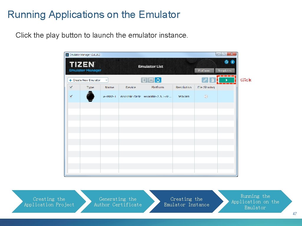 Running Applications on the Emulator Click the play button to launch the emulator instance.