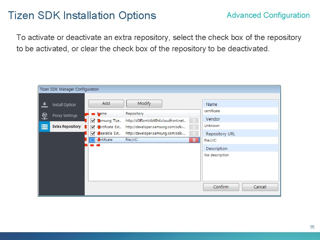 Tizen SDK Installation Options Advanced Configuration To activate or deactivate an extra repository, select