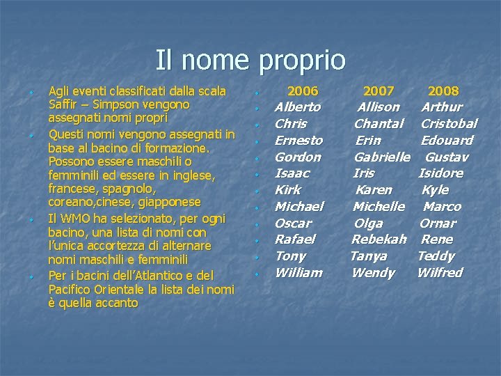 Il nome proprio • • Agli eventi classificati dalla scala Saffir – Simpson vengono