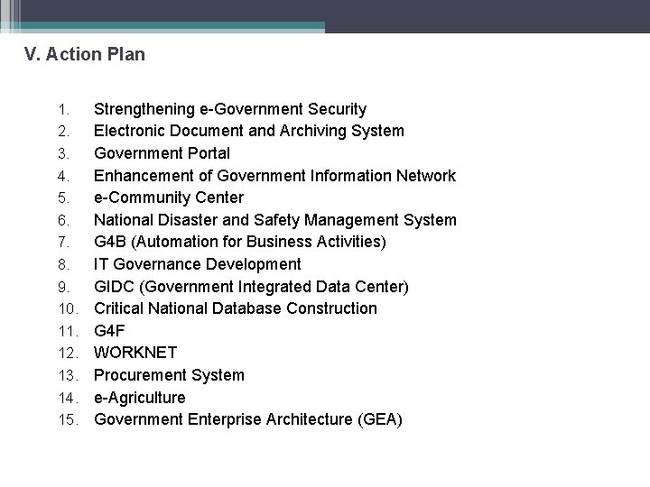 V. Action Plan 1. 2. 3. 4. 5. 6. 7. 8. 9. 10. 11.