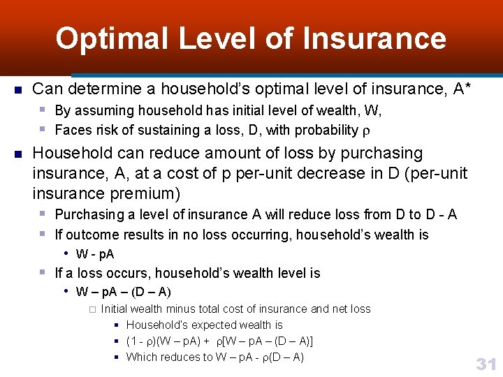 Optimal Level of Insurance n n Can determine a household’s optimal level of insurance,