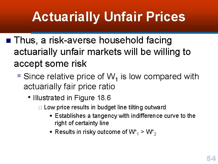 Actuarially Unfair Prices n Thus, a risk-averse household facing actuarially unfair markets will be