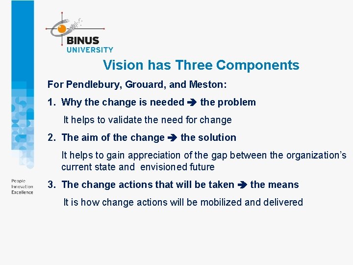 Vision has Three Components For Pendlebury, Grouard, and Meston: 1. Why the change is