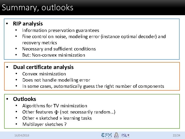 Summary, outlooks • RIP analysis • Information preservation guarantees • Fine control on noise,