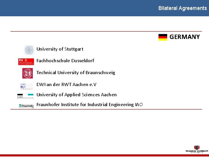 Bilateral Agreements GERMANY University of Stuttgart Fachhochschule Dusseldorf Technical University of Braunschweig DWI an