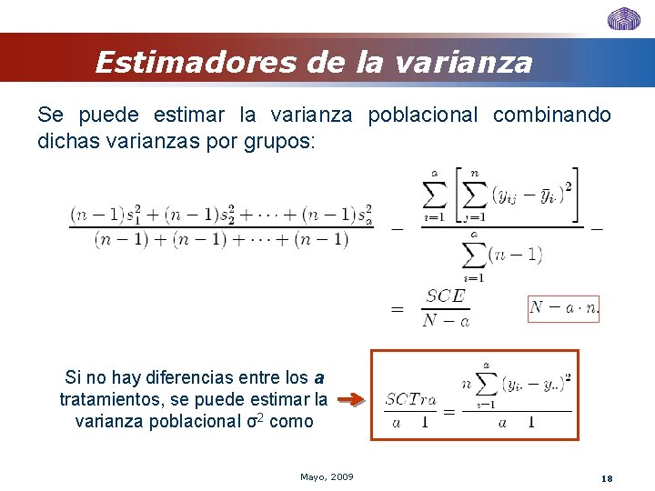 Estimadores de la varianza Se puede estimar la varianza poblacional combinando dichas varianzas por Estimadores de la varianza Se puede estimar la varianza poblacional combinando dichas varianzas por