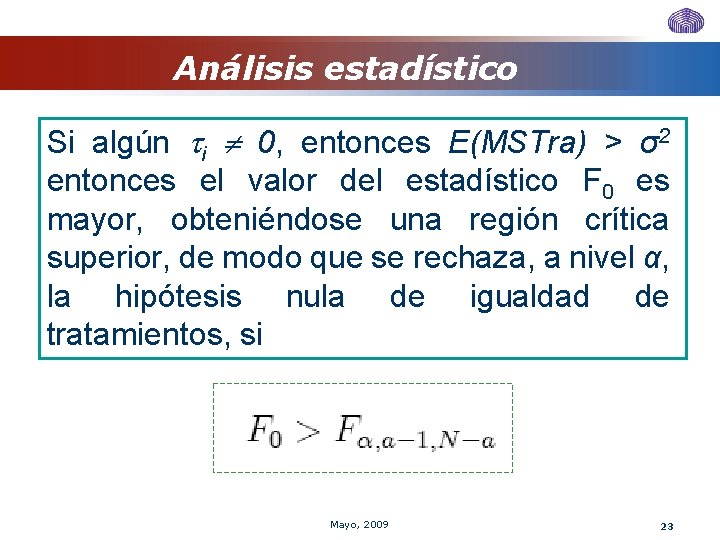 Análisis estadístico Si algún i 0, entonces E(MSTra) > σ2 entonces el valor del Análisis estadístico Si algún i 0, entonces E(MSTra) > σ2 entonces el valor del