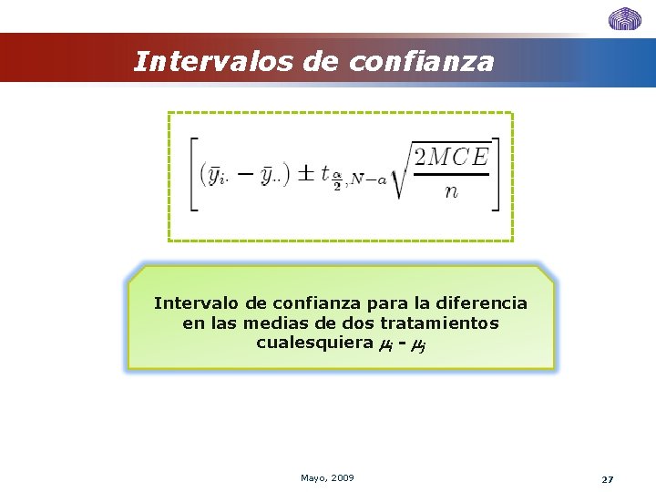 Intervalos de confianza Intervalo de confianza para la diferencia en las medias de dos Intervalos de confianza Intervalo de confianza para la diferencia en las medias de dos