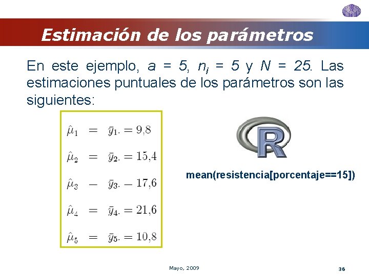 Estimación de los parámetros En este ejemplo, a = 5, ni = 5 y Estimación de los parámetros En este ejemplo, a = 5, ni = 5 y