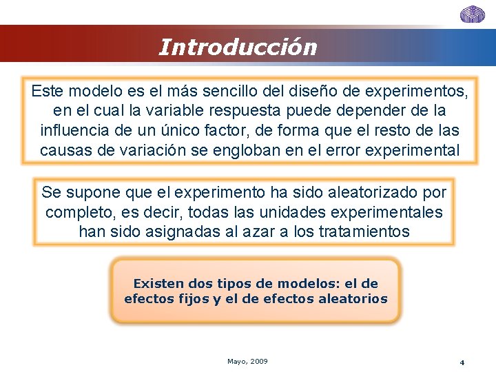Introducción Este modelo es el más sencillo del diseño de experimentos, en el cual Introducción Este modelo es el más sencillo del diseño de experimentos, en el cual
