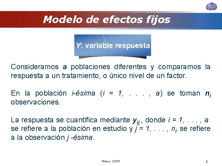 Modelo de efectos fijos Y: variable respuesta Consideramos a poblaciones diferentes y comparamos la Modelo de efectos fijos Y: variable respuesta Consideramos a poblaciones diferentes y comparamos la