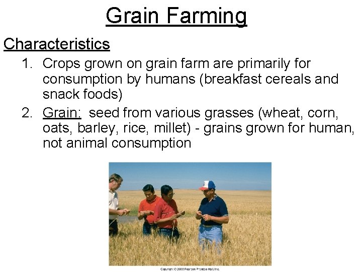 Grain Farming Characteristics 1. Crops grown on grain farm are primarily for consumption by Grain Farming Characteristics 1. Crops grown on grain farm are primarily for consumption by