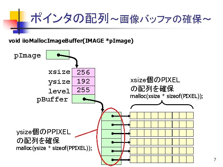 ポインタの配列～画像バッファの確保～ void iio. Malloc. Image. Buffer(IMAGE *p. Image) p. Image xsize 256 ysize 192