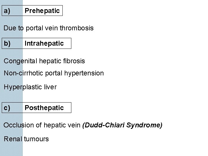 a) Prehepatic Due to portal vein thrombosis b) Intrahepatic Congenital hepatic fibrosis Non-cirrhotic portal