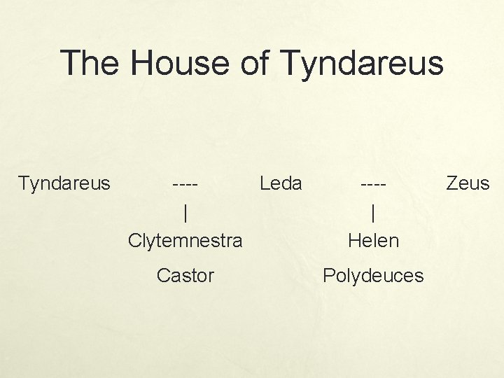 The House of Tyndareus ---Leda | Clytemnestra Castor ---| Helen Polydeuces Zeus 