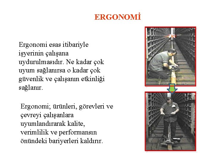 ERGONOMİ Ergonomi esas itibariyle işyerinin çalışana uydurulmasıdır. Ne kadar çok uyum sağlanırsa o kadar