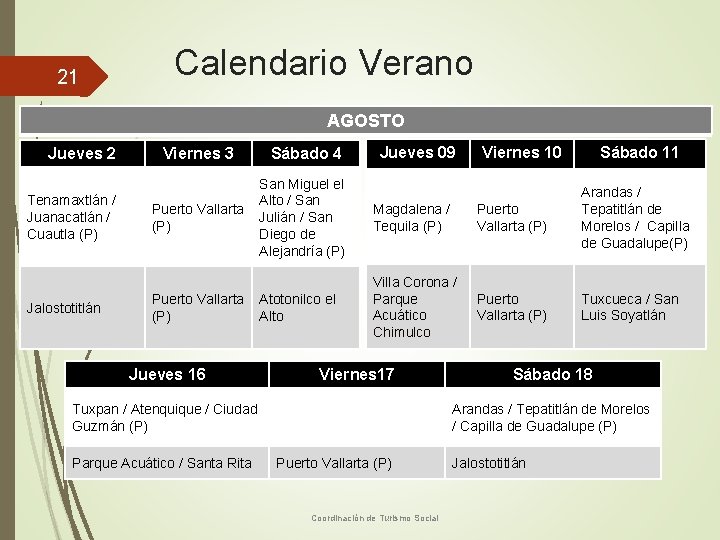 21 Calendario Verano AGOSTO Jueves 2 Tenamaxtlán / Juanacatlán / Cuautla (P) Jalostotitlán Jueves