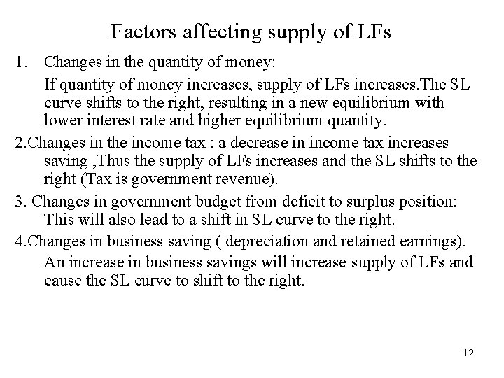 Factors affecting supply of LFs 1. Changes in the quantity of money: If quantity