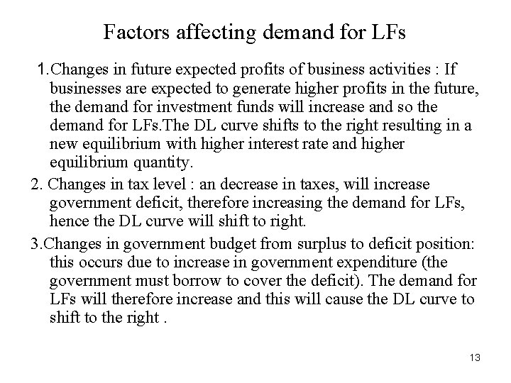 Factors affecting demand for LFs 1. Changes in future expected profits of business activities