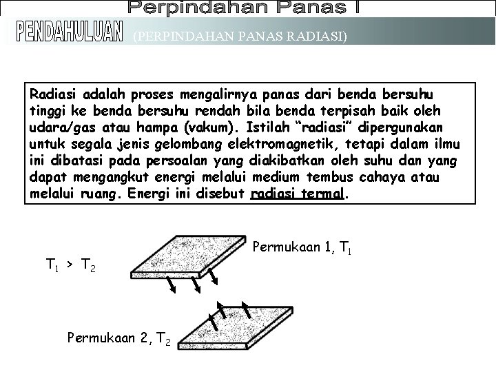 (PERPINDAHAN PANAS RADIASI) PRINSIP RADIASI Radiasi adalah proses mengalirnya panas dari benda bersuhu tinggi