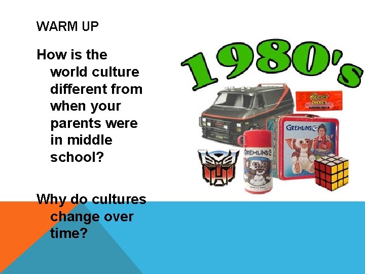 WARM UP How is the world culture different from when your parents were in