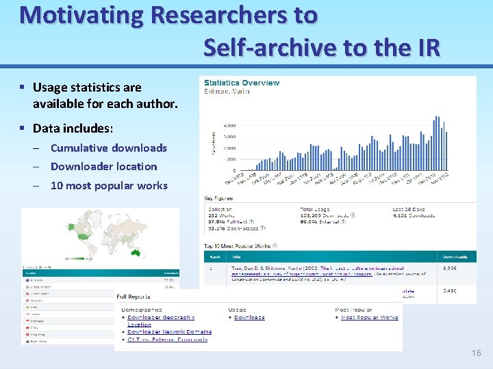 Motivating Researchers to Self-archive to the IR § Usage statistics are available for each