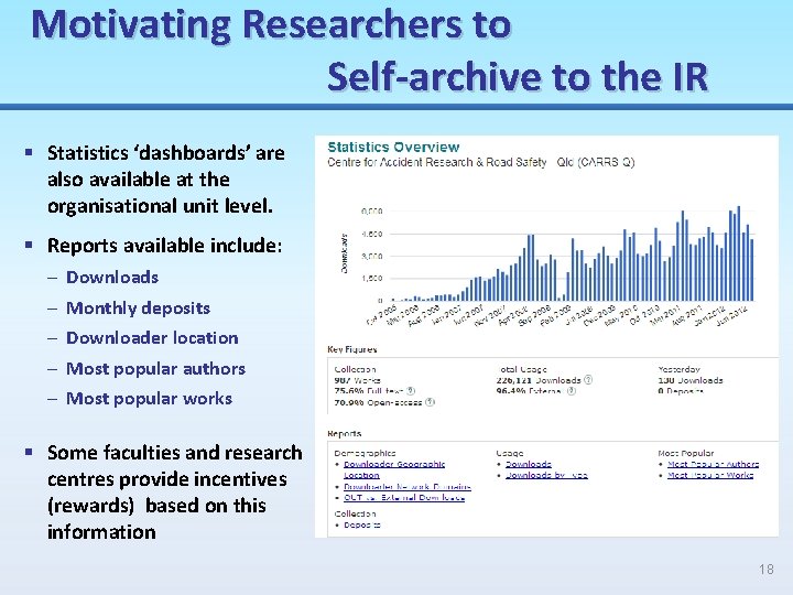 Motivating Researchers to Self-archive to the IR § Statistics ‘dashboards’ are also available at