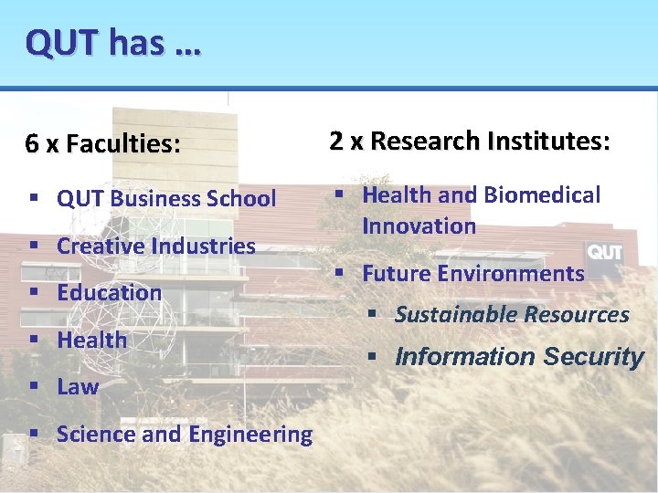 QUT has … 6 x Faculties: 2 x Research Institutes: § QUT Business School