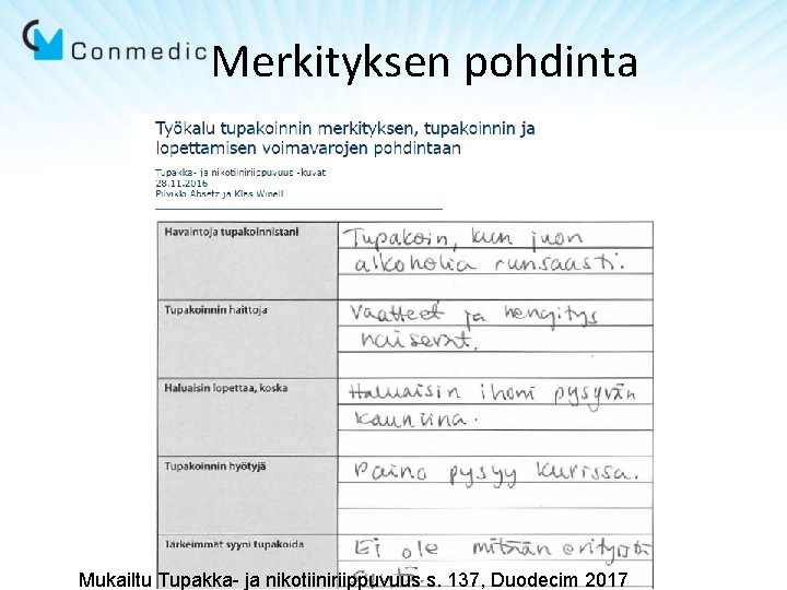 Merkityksen pohdinta Mukailtu Tupakka- ja nikotiiniriippuvuus s. 137, Duodecim 2017 