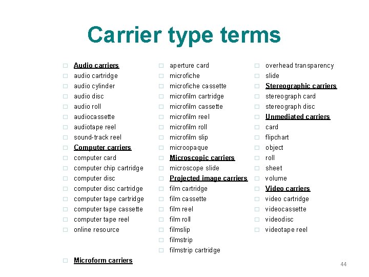 Carrier type terms � Audio carriers � aperture card � overhead transparency � audio
