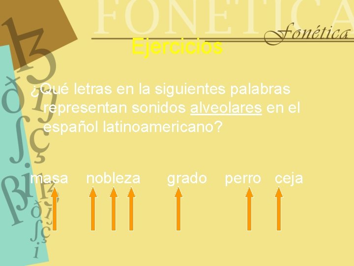 Ejercicios ¿Qué letras en la siguientes palabras representan sonidos alveolares en el español latinoamericano?