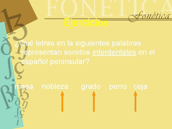 Ejercicios ¿Qué letras en la siguientes palabras representan sonidos interdentales en el español peninsular?