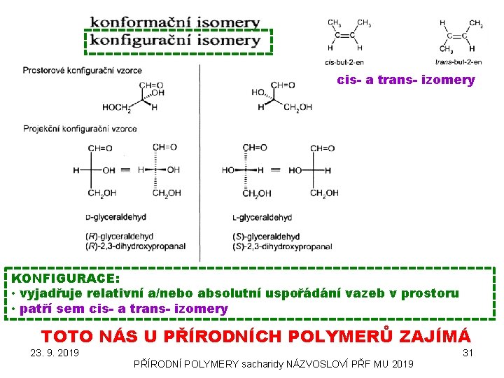 cis- a trans- izomery KONFIGURACE: • vyjadřuje relativní a/nebo absolutní uspořádání vazeb v prostoru