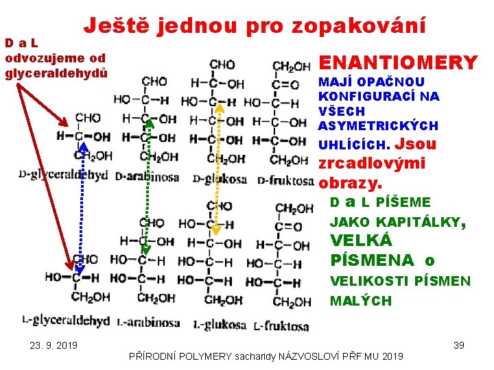 Ještě jednou pro zopakování Da. L odvozujeme od glyceraldehydů ENANTIOMERY MAJÍ OPAČNOU KONFIGURACÍ NA