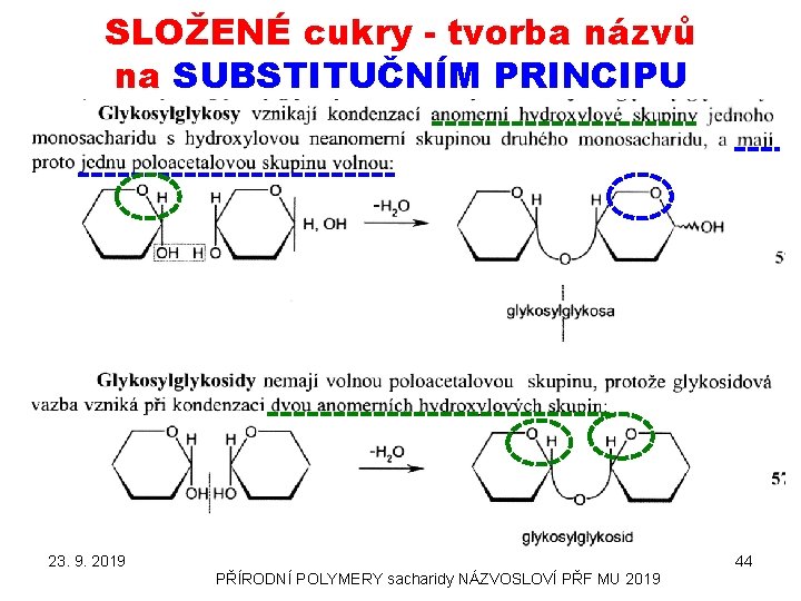 SLOŽENÉ cukry - tvorba názvů na SUBSTITUČNÍM PRINCIPU 23. 9. 2019 44 PŘÍRODNÍ POLYMERY