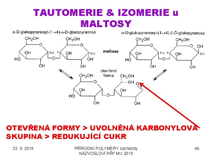 TAUTOMERIE & IZOMERIE u MALTOSY OTEVŘENÁ FORMY > UVOLNĚNÁ KARBONYLOVÁ SKUPINA > REDUKUJÍCÍ CUKR